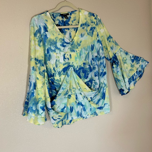 27.ALFANI Women's Green/Blue V-Neck Poet-Sleeve Blouse | Size 10 - Picture 7 of 10